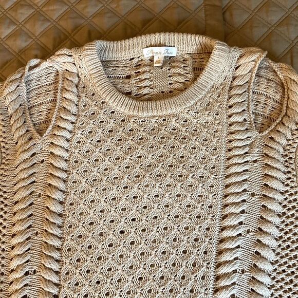 Minnie Rose Cotton Sweater with Open Shoulder, Cable & Open Stitch Detail. Lg. - Picture 3 of 7